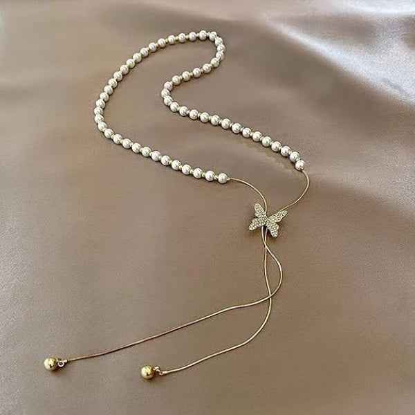 Elegant Pearl Butterfly Lariat Necklace – Layered Y-Shape Design