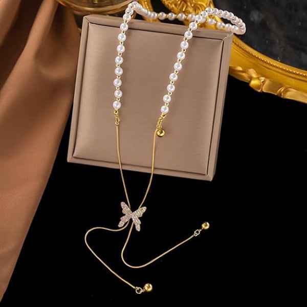 Elegant Pearl Butterfly Lariat Necklace – Layered Y-Shape Design