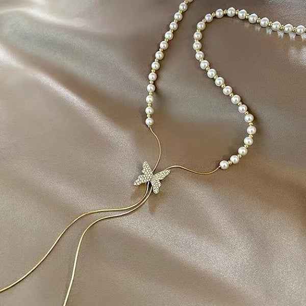 Elegant Pearl Butterfly Lariat Necklace – Layered Y-Shape Design