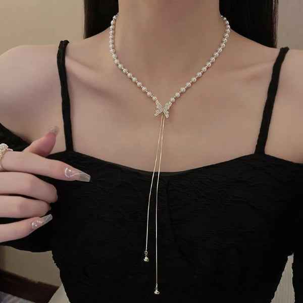 Elegant Pearl Butterfly Lariat Necklace – Layered Y-Shape Design