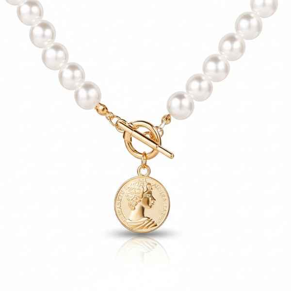 Pearl Coin Necklace with Gold Toggle Clasp - Refined Jewelry for Women