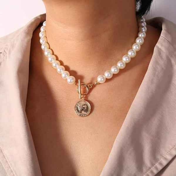 Pearl Coin Necklace with Gold Toggle Clasp - Refined Jewelry for Women