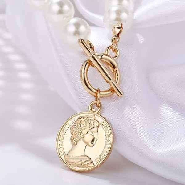 Pearl Coin Necklace with Gold Toggle Clasp - Refined Jewelry for Women