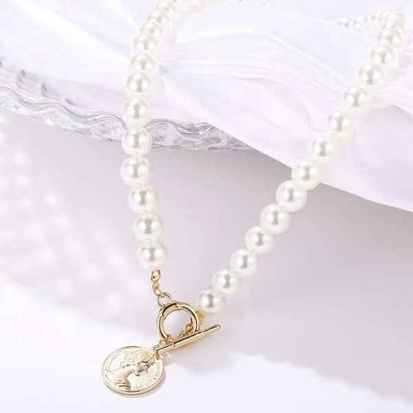 Pearl Coin Necklace with Gold Toggle Clasp - Refined Jewelry for Women