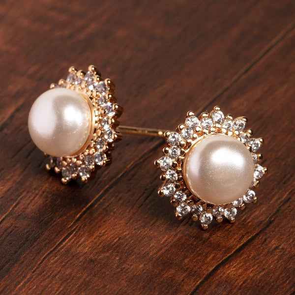 Dazzling Pearl Crystal Stud Earrings | Gold Halo Statement Jewelry