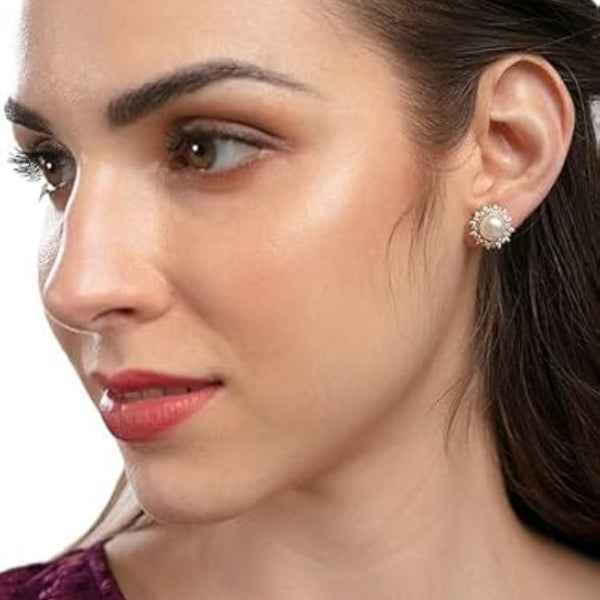 Dazzling Pearl Crystal Stud Earrings | Gold Halo Statement Jewelry
