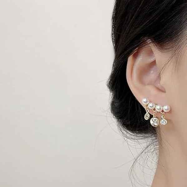 Elegant Pearl Drop Earrings – Gold Dangle with Sparkling Zirconia