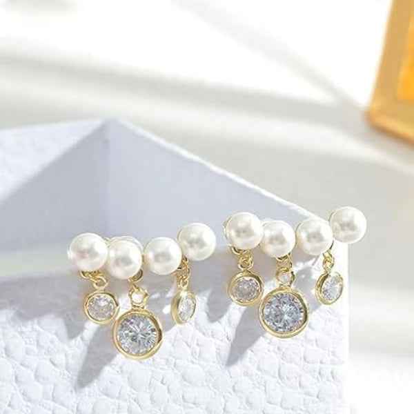 Elegant Pearl Drop Earrings – Gold Dangle with Sparkling Zirconia