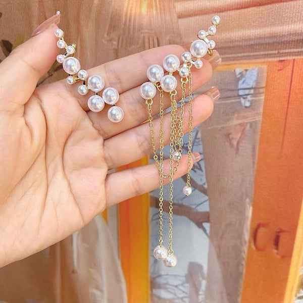 Pearl Ear Climbers | Dainty Gold Crawler Tassel Drop Hook Jewelry