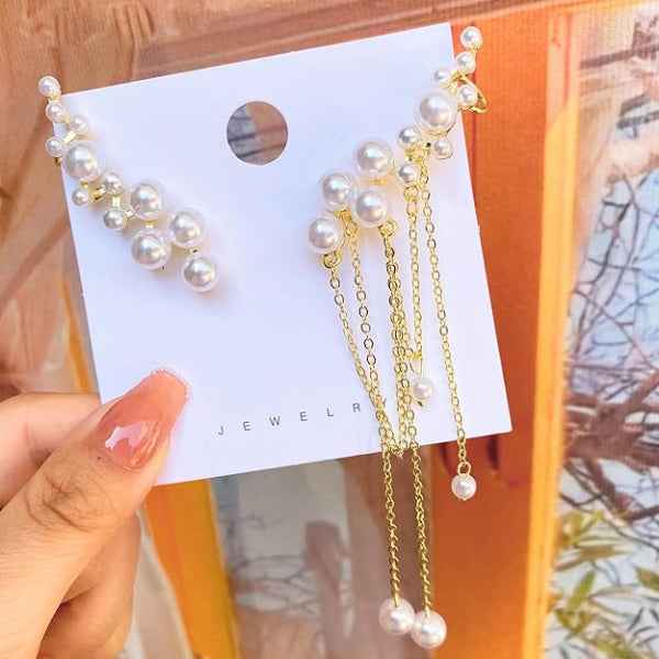 Pearl Ear Climbers | Dainty Gold Crawler Tassel Drop Hook Jewelry