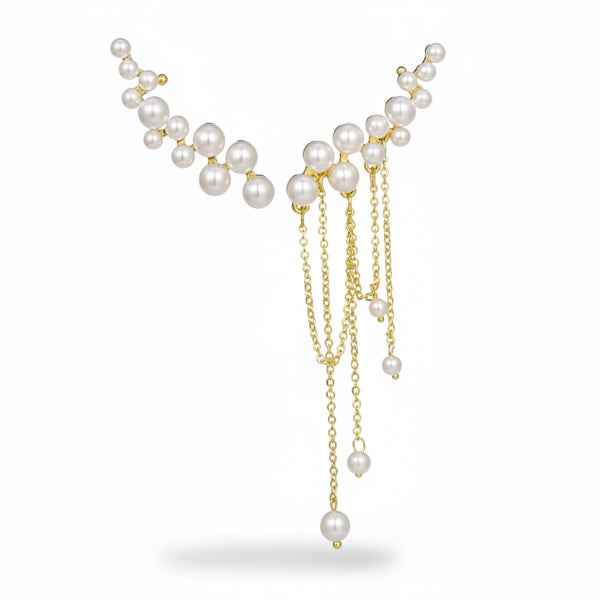 Pack of 2 Gold Plated Pearl Huggie Hoops & Pearl Ear Climbers | Minimalist C-Shape Hoops with Dainty Pearl Crawler Earrings