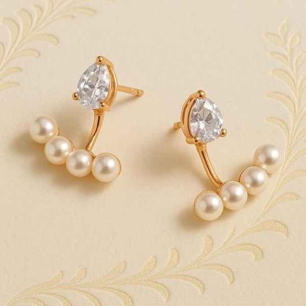 Pearl Ear Jackets | Dainty Crystal Drop Minimalist Gold Ear Jewelry