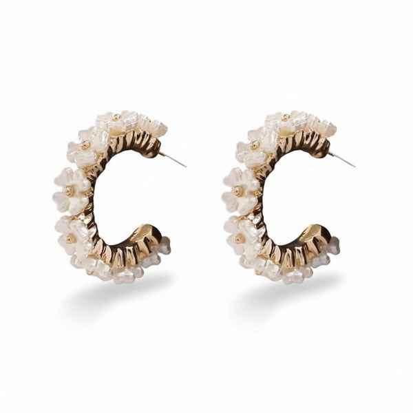 Pearl Flower Hoops | Dainty Gold Floral C-Hoop Earrings Gift