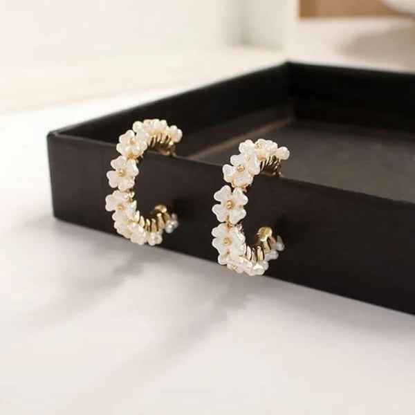 Pearl Flower Hoops | Dainty Gold Floral C-Hoop Earrings Gift