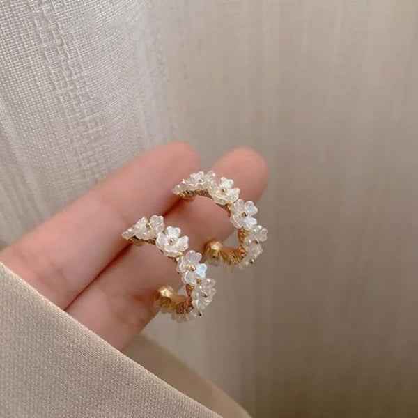 Pearl Flower Hoops | Dainty Gold Floral C-Hoop Earrings Gift