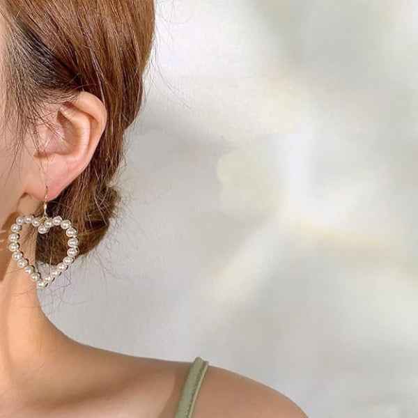 Pearl Heart Hoops | Dainty Gold Aesthetic Bridal Drop Hook Earrings