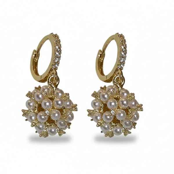 Pearl Hoop Earrings - Gold Huggie Jewelry with Cluster Drop Design