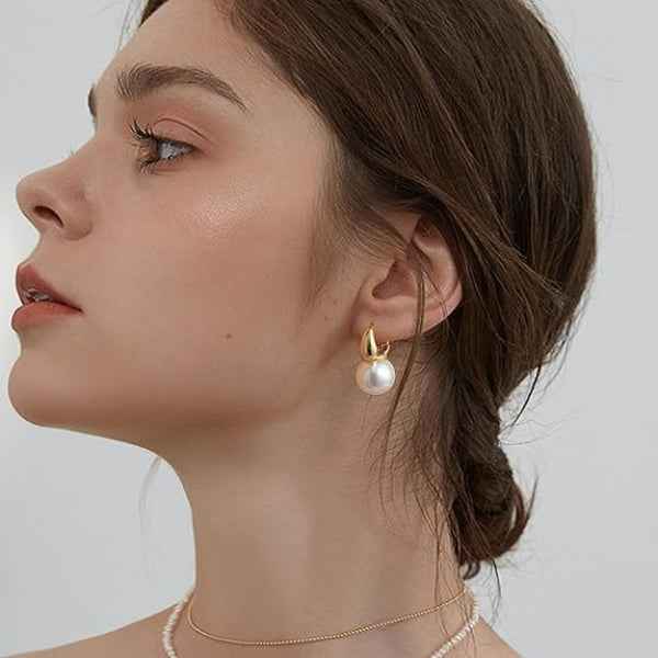 Pearl Huggie Earrings - Gold Leverback Jewelry & Dainty Drop Earrings