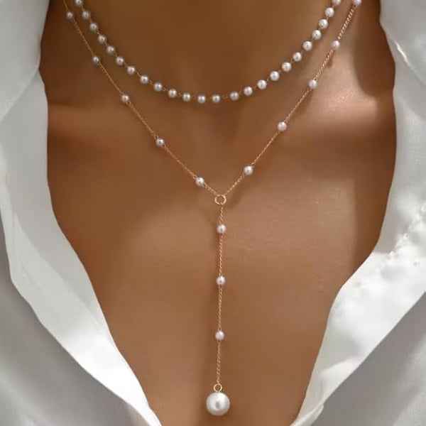 Pearl Layered Choker Necklace | Dainty Gold Y-Drop Jewelry
