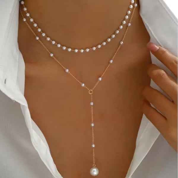 Pearl Layered Choker Necklace | Dainty Gold Y-Drop Jewelry