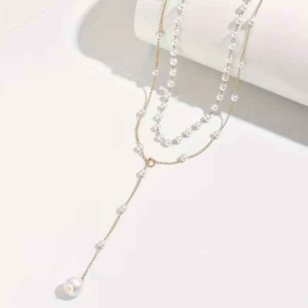 Pearl Layered Choker Necklace | Dainty Gold Y-Drop Jewelry