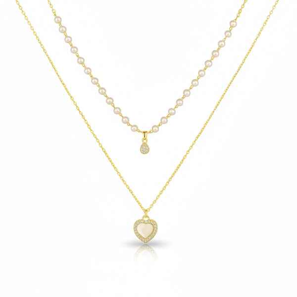 Layered Pearl Necklace Set - Shimmering Crystal Heart Pendant Gold