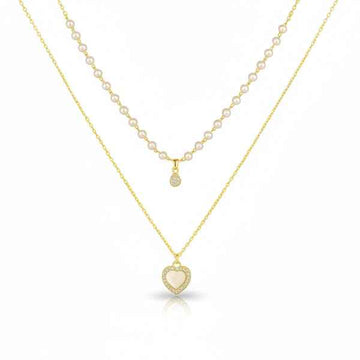 Layered Pearl Necklace Set - Shimmering Crystal Heart Pendant Gold
