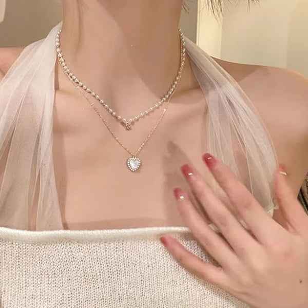 Layered Pearl Necklace Set - Shimmering Crystal Heart Pendant Gold