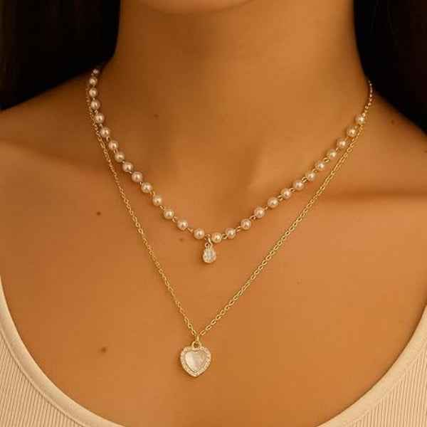 Layered Pearl Necklace Set - Shimmering Crystal Heart Pendant Gold