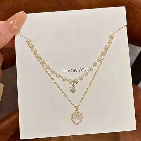 Layered Pearl Necklace Set - Shimmering Crystal Heart Pendant Gold