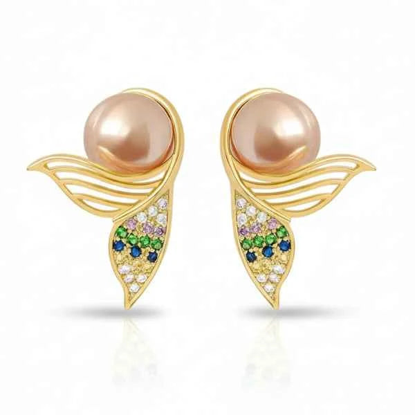 Pearl Mermaid Earrings | Dainty Gold Colorful Crystal Tail Jewelry