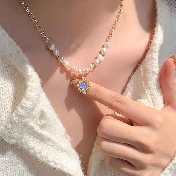 Pearl Moonstone Necklace | Vintage Gold Baroque Pearl Jewelry