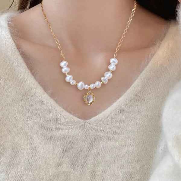 Pearl Moonstone Necklace | Vintage Gold Baroque Pearl Jewelry