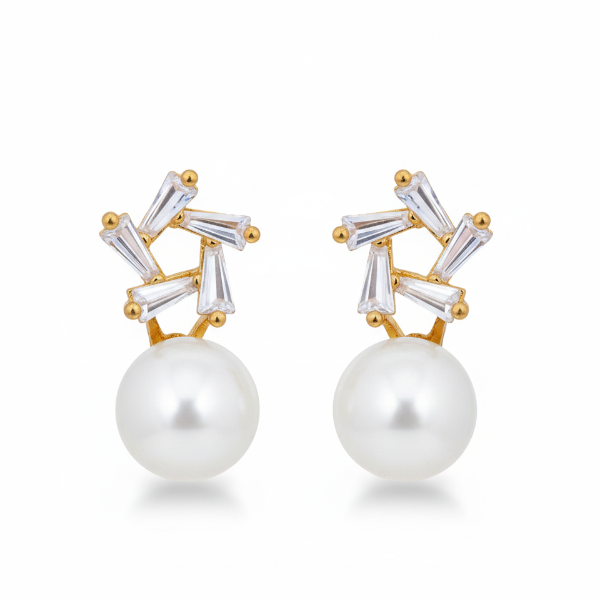 Luxurious Pearl Stud Earrings | Gold Plated & Baguette Diamond Simulant