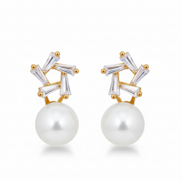 Luxurious Pearl Stud Earrings | Gold Plated & Baguette Diamond Simulant