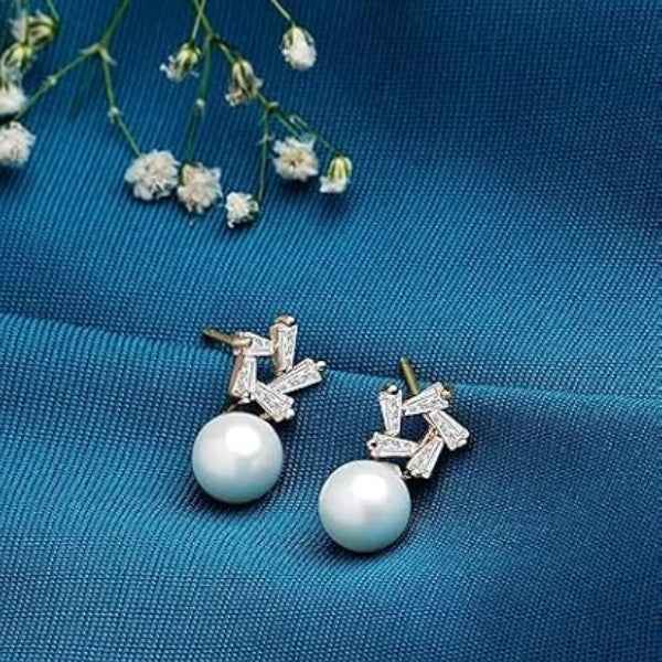 Luxurious Pearl Stud Earrings | Rose Gold & Baguette Diamond Simulant