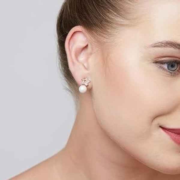 Luxurious Pearl Stud Earrings | Rose Gold & Baguette Diamond Simulant