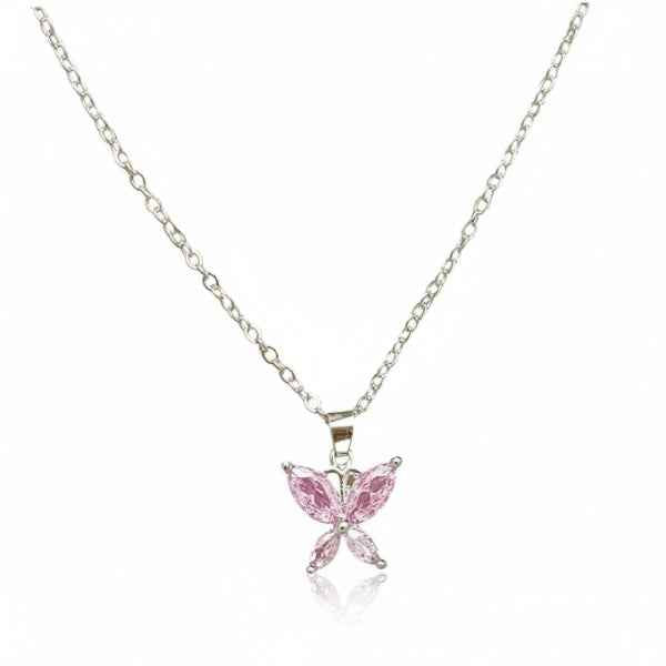 Dainty Pink Butterfly Necklace with Marquise Gemstone Pendant