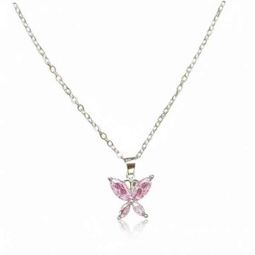 Dainty Pink Butterfly Necklace with Marquise Gemstone Pendant