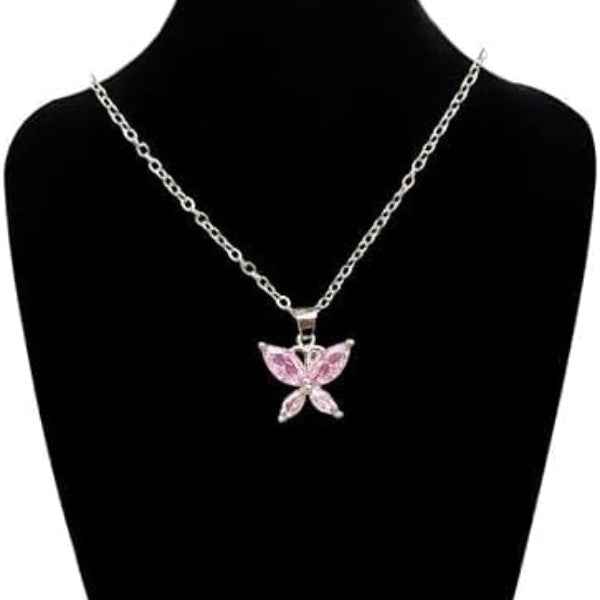 Dainty Pink Butterfly Necklace with Marquise Gemstone Pendant