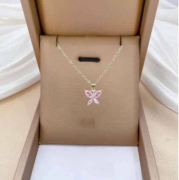 Dainty Pink Butterfly Necklace with Marquise Gemstone Pendant