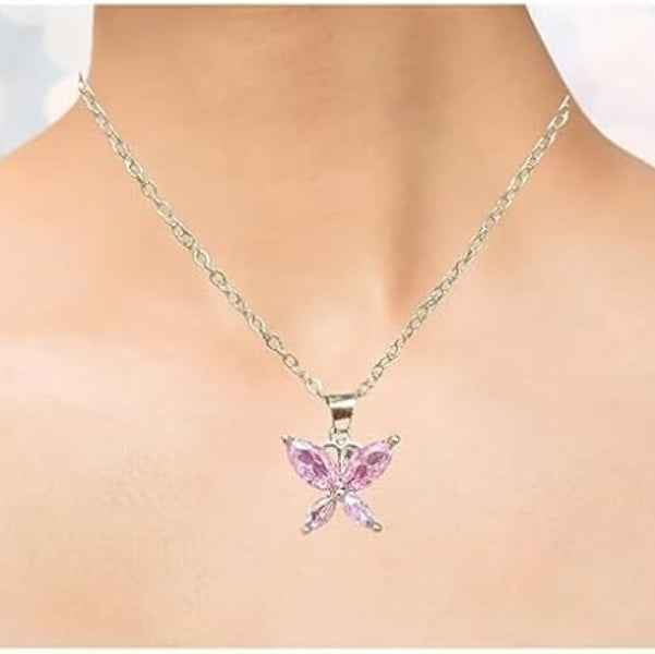 Dainty Pink Butterfly Necklace with Marquise Gemstone Pendant