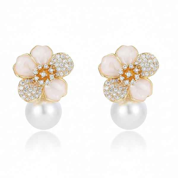 Pink Cherry Blossom Earrings | Dainty Pearl Floral Studs Jewelry