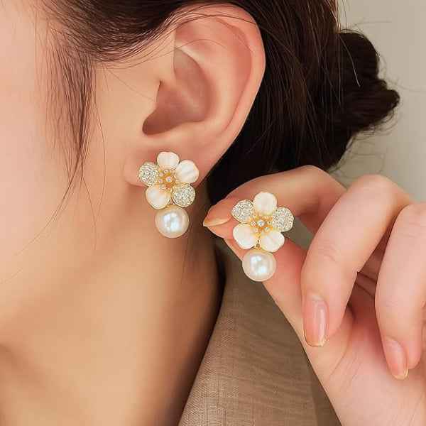 Pink Cherry Blossom Earrings | Dainty Pearl Floral Studs Jewelry