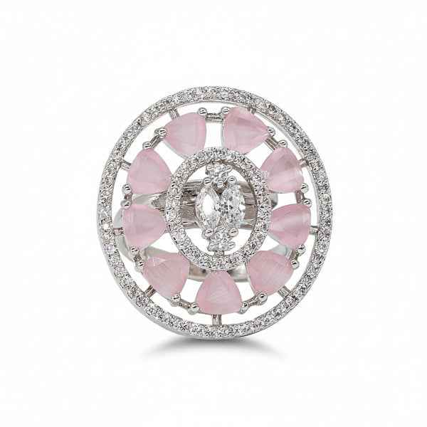 Pink Cocktail Ring with Rose Quartz Stones and Sparkling Halo Band