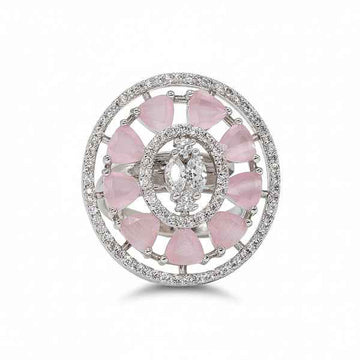 Pink Cocktail Ring with Rose Quartz Stones and Sparkling Halo Band