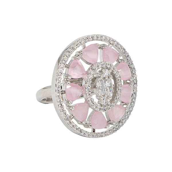 Pink Cocktail Ring with Rose Quartz Stones and Sparkling Halo Band