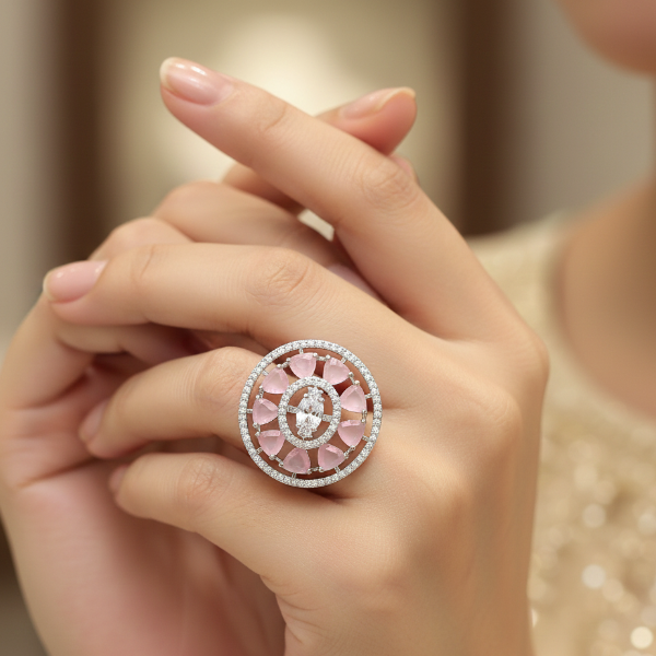 Pink Cocktail Ring with Rose Quartz Stones and Sparkling Halo Band