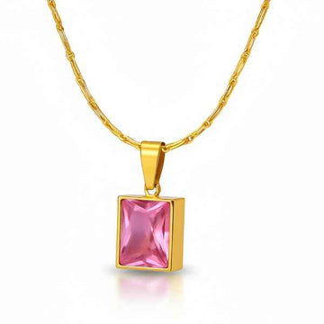 Pink Crystal Gold Pendant Necklace | Dainty Square Gemstone Jewelry