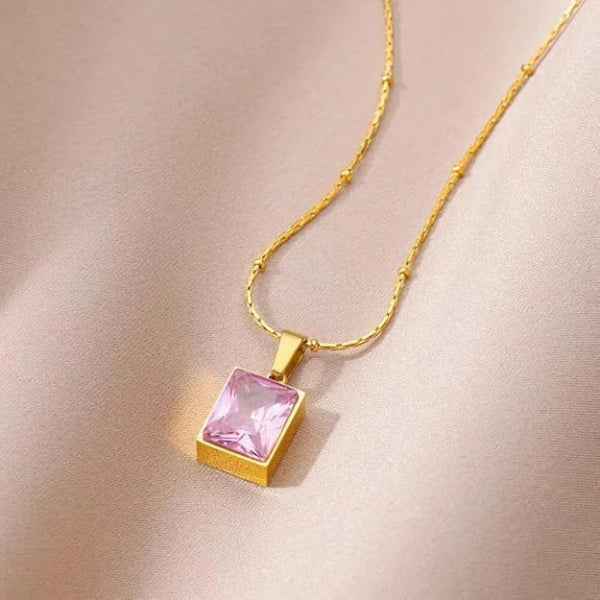 Pink Crystal Gold Pendant Necklace | Dainty Square Gemstone Jewelry